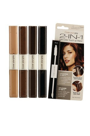 A set of three 'Cover Your Gray' 2-in-1 color touch up wands in different shades, including dark brown, displayed alongside their packaging which features an image of a woman with dark brown hair.
